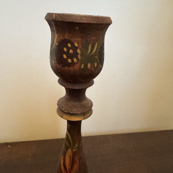 VTG Wooden Candle Stick Holder Hand Painted Floral Signed RH Primitive Folk Art - Picture 10 of 14